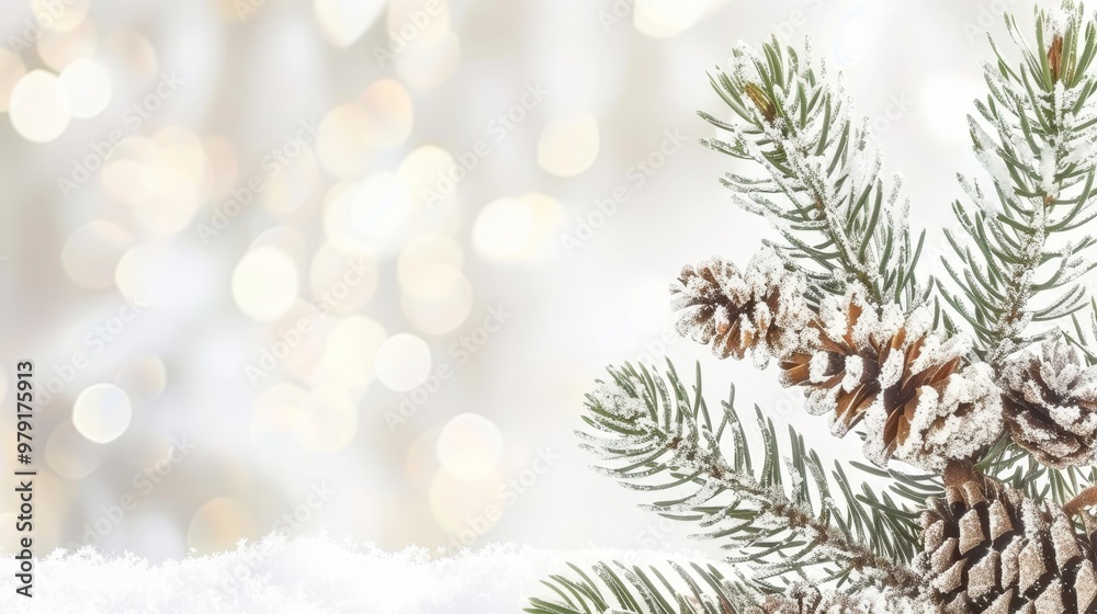 Snowy Pine Branch with Cones, Winter Wonderland Background Festive, Magical Holiday Theme Snowy Pine Branch with Cones, Winter Wonderland Background Festive, Magical Holiday Theme