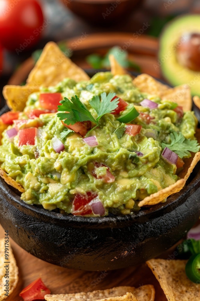 Fresh Homemade Guacamole Dip with Tortilla Chips, Tomatoes, and Onion in Black Bowl, Close Up Fresh Homemade Guacamole Dip with Tortilla Chips, Tomatoes, and Onion in Black Bowl, Close Up