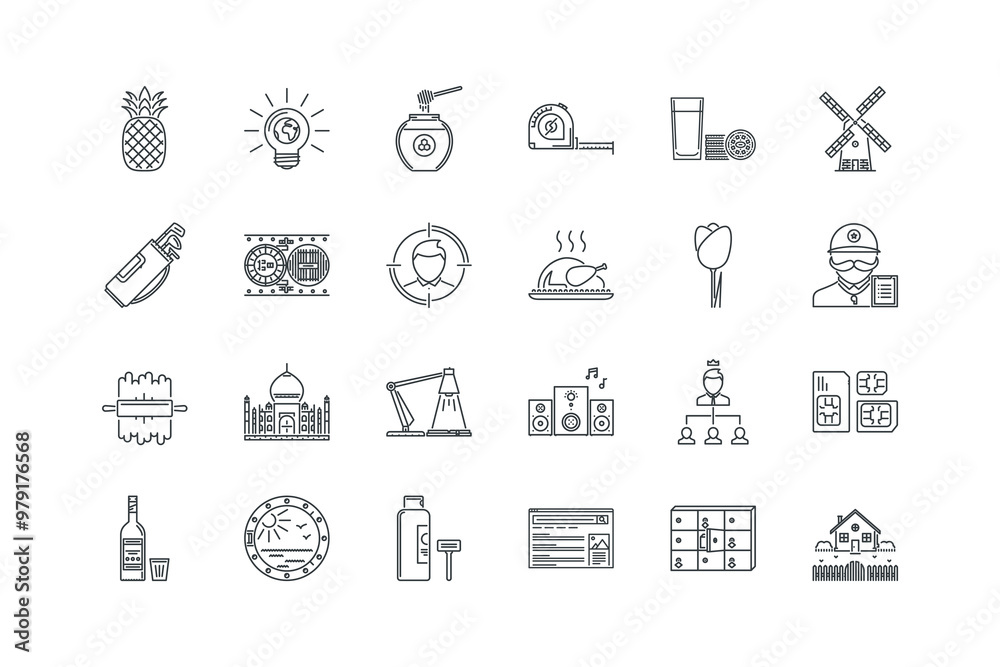 Fototapeta premium Dough, Golf, Hairstyle, Honey, Measuring, set of icons for web design, vector illustration
