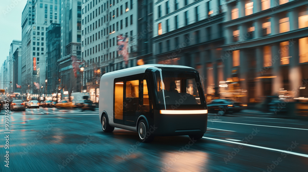 Fototapeta premium A modern, autonomous electric vehicle driving through a busy urban street at dusk, surrounded by tall buildings with illuminated windows and blurred motion of other cars.
