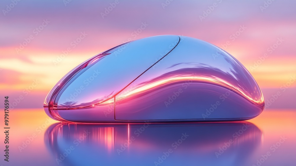 A sleek, futuristic chrome object, like a retro-inspired computer mouse, set against a minimalistic soft pastel gradient background in blues and purples A sleek, futuristic chrome object, like a retro-inspired computer mouse, set against a minimalistic soft pastel gradient background in blues and purples