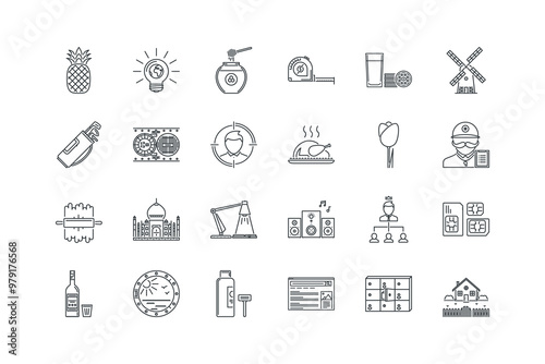 Dough, Golf, Hairstyle, Honey, Measuring, set of icons for web design, vector illustration