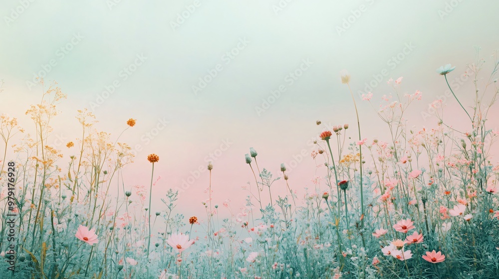 Soft, pastel colored meadow with delicate flowers and a dreamy, blurred background. Soft, pastel colored meadow with delicate flowers and a dreamy, blurred background.