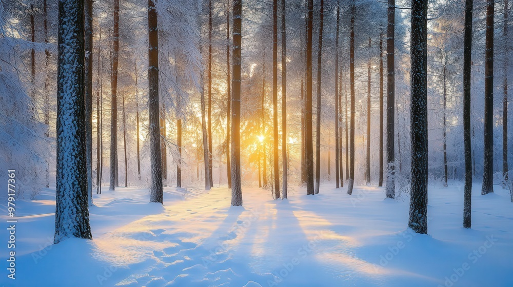 Serene Winter Forest with Tall Snow-Covered Pine Trees and Sunlight Breaking Through Serene Winter Forest with Tall Snow-Covered Pine Trees and Sunlight Breaking Through