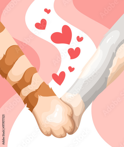 Cats cartoon friends holding on to paws, animal shelter banner design. Funny poster with kitten paws and hearts together. Love and care, friendship mascot, cartoon pets adoption vector illustration