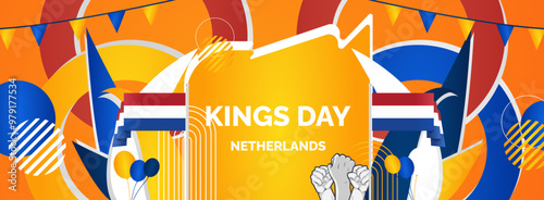 Happy Netherlands National Day Banner. Modern horizontal poster with Dutch flag, raised fist and typography. Greeting card template for King's day or Liberation day, holidays and sport events