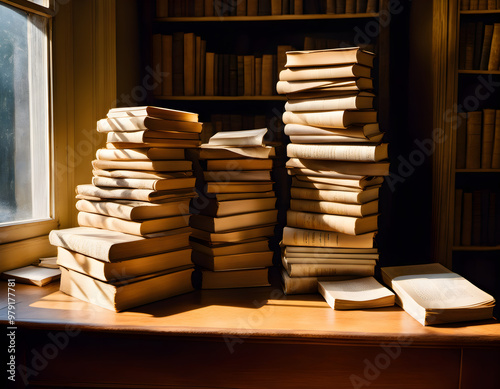 Warm and Inviting Study or Library Scene with Sunlight Filtering Through Large Window, Showcasing Stacks of Books on Wooden Table, Highlighting Textures, Spines, and Pages in Golden Hue photo