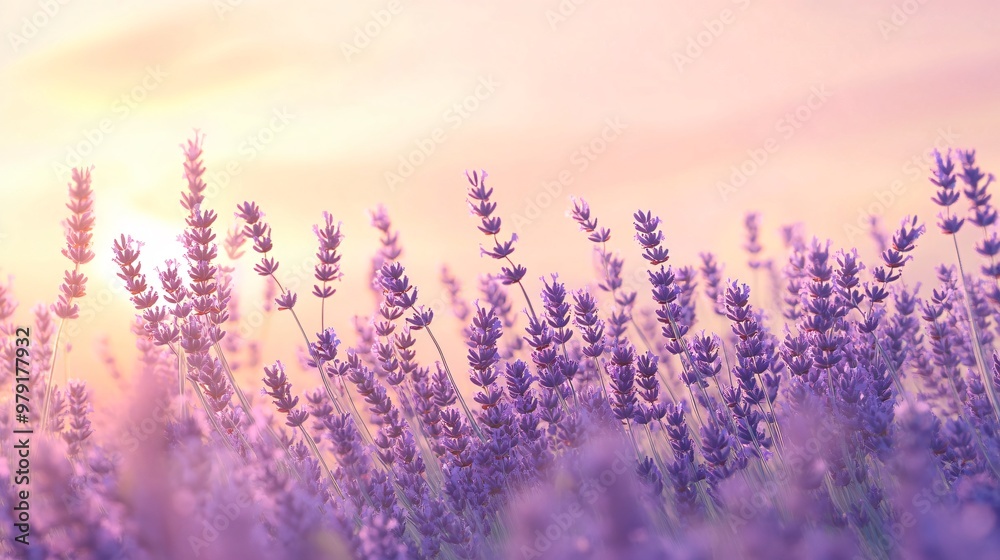 Soft, purple lavender flowers in a field with a pink and orange sunset sky in the background.