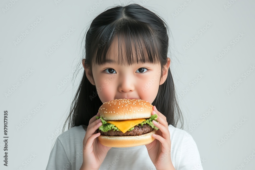 Asian girl eating a cheeseburger with lettuce and cheese, enjoying fast food in a clean and minimal setting. Perfect for food advertising, child nutrition, or fast-food marketing. Asian girl eating a cheeseburger with lettuce and cheese, enjoying fast food in a clean and minimal setting. Perfect for food advertising, child nutrition, or fast-food marketing.