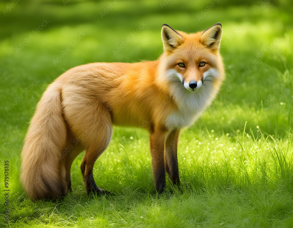 Fototapeta premium Curious Red Fox in Lush Green Lawn: Striking Orange-Brown Fur and Bushy Tail Highlighted by Sunlight Filtering Through Trees, Capturing the Beauty and Intelligence of this Majestic Wild Animal