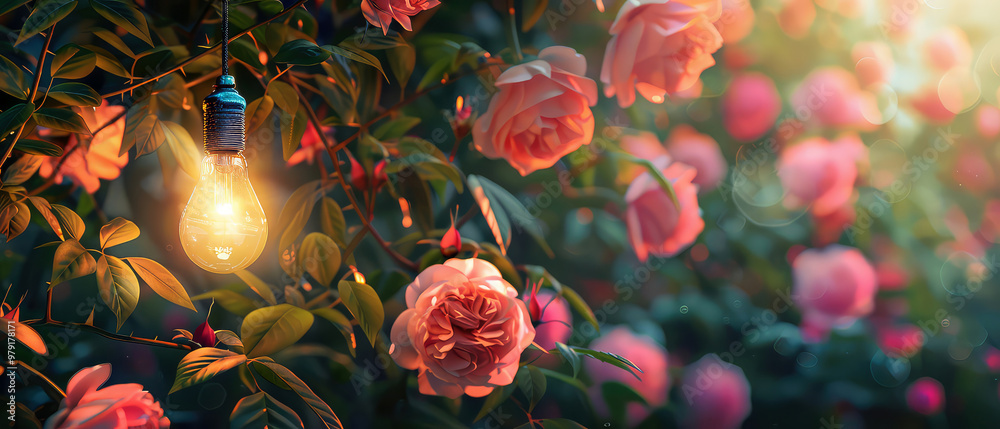 Fototapeta premium Botanical background with pink blooming roses, glowing string garlands, lantern at the evening garden. Romantic ambience in backyard. Bokeh,lights, blurred backdrop. Generative ai 
