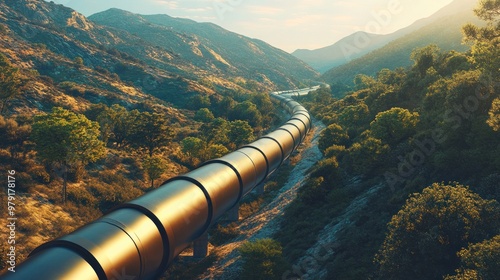 A vast pipeline network stretching across a countryside landscape, showing the interconnected system that transports natural gas from production to consumers photo