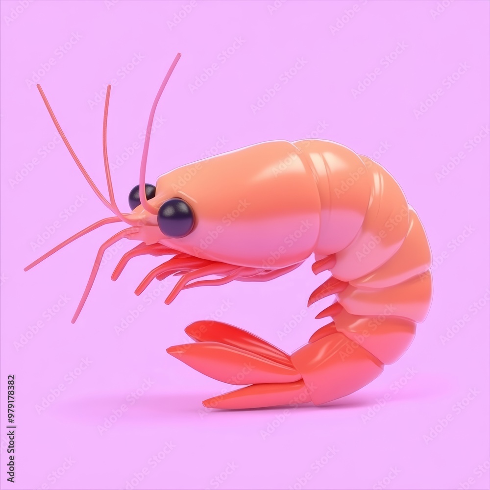 Detailed 3D icon of a shrimp, featuring realistic textures and vibrant colors, perfect for seafood and cooking-related designs Detailed 3D icon of a shrimp, featuring realistic textures and vibrant colors, perfect for seafood and cooking-related designs