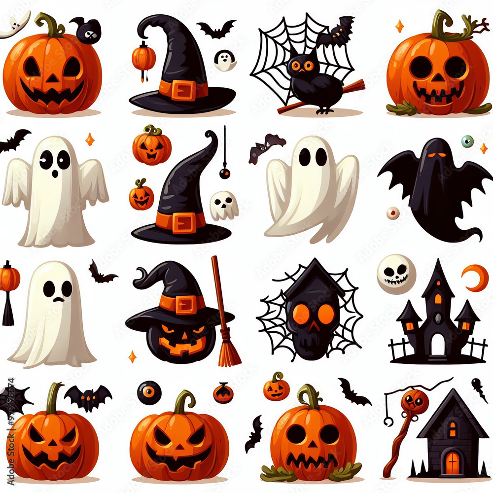 Fototapeta premium set of cliparts on the theme of halloween. cute 3d plasticine sculptures. funny characters ghost, pumpkin, skull. for kids