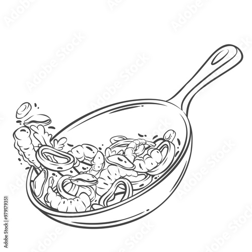 Flying wok with fried mussel and shrimp line icon. Outline seafood and vegetables falling on skillet, making Asian food. Cooking mascot, hand drawn Thai shrimp stir fry icon vector illustration