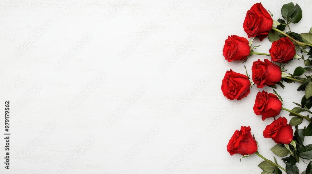 Red Roses on White Wooden Background with Copy Space Red Roses on White Wooden Background with Copy Space