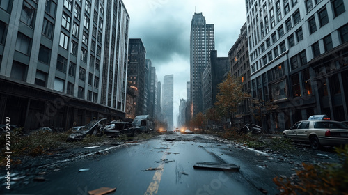 A post-apocalyptic urban scene with deserted high-rise buildings, abandoned vehicles, overgrown streets, and a gloomy, cloud-filled sky.