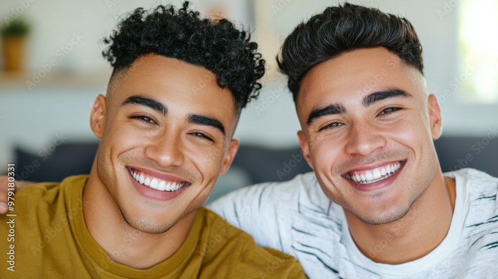 Two men with curly hair and smiling Two men with curly hair and smiling
