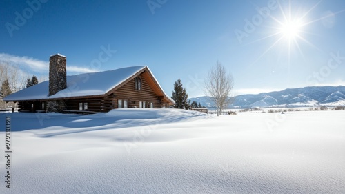 A log cabin in the snow with a bright sun shining on it