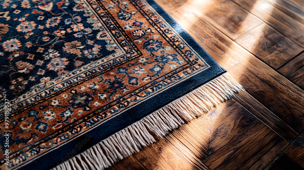 decorative persian rug with cotton fringe on laminated wood flooring : Generative AI decorative persian rug with cotton fringe on laminated wood flooring : Generative AI
