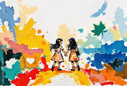 oil painting illustration for friendship day.
girls couple digital art vector illustration.