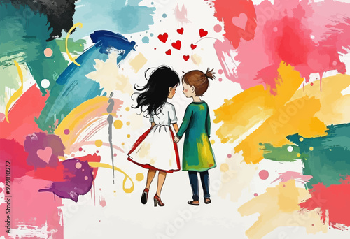 oil painting illustration for friendship day.
girls couple digital art vector illustration.