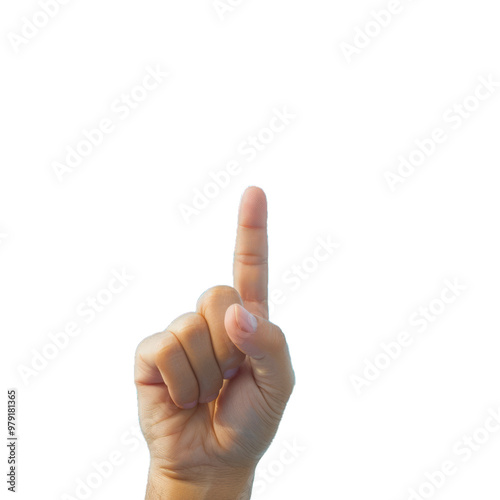 Hand pointing up with the index finger extended, signaling attention, direction, or selection photo