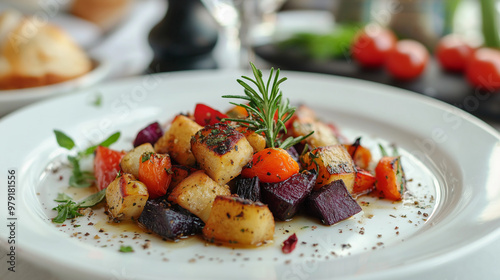 Gourmet roasted vegetables on a white plate, elegant dining presentation