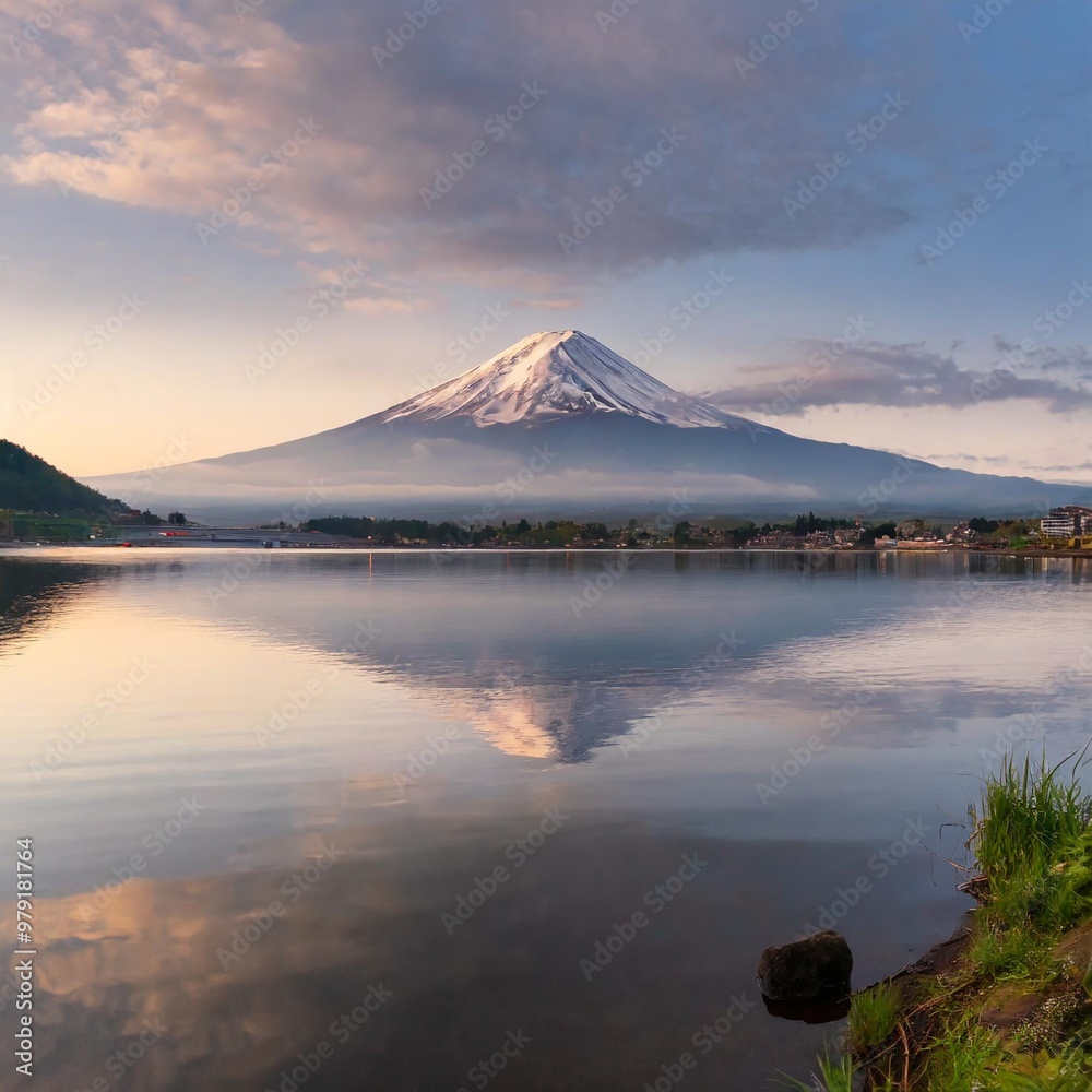 Sacred Mount Fuji Reflected in the Calm Waters of Lake Kawaguchi Sacred Mount Fuji Reflected in the Calm Waters of Lake Kawaguchi