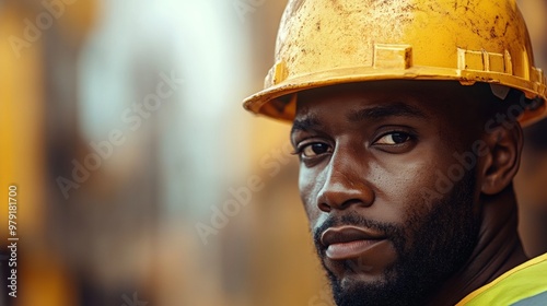 a worker in helmet, A close-up of a determined worker, helmet on, with a look of focus and resolve in their eyes, set against the backdrop of a bustling construction site.