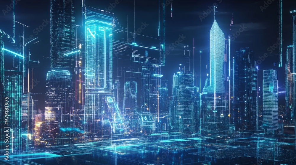 Futuristic Holographic City Analysis, Featuring Advanced Technology and Augmented Reality for Urban Planning and Data Visualization Futuristic Holographic City Analysis, Featuring Advanced Technology and Augmented Reality for Urban Planning and Data Visualization