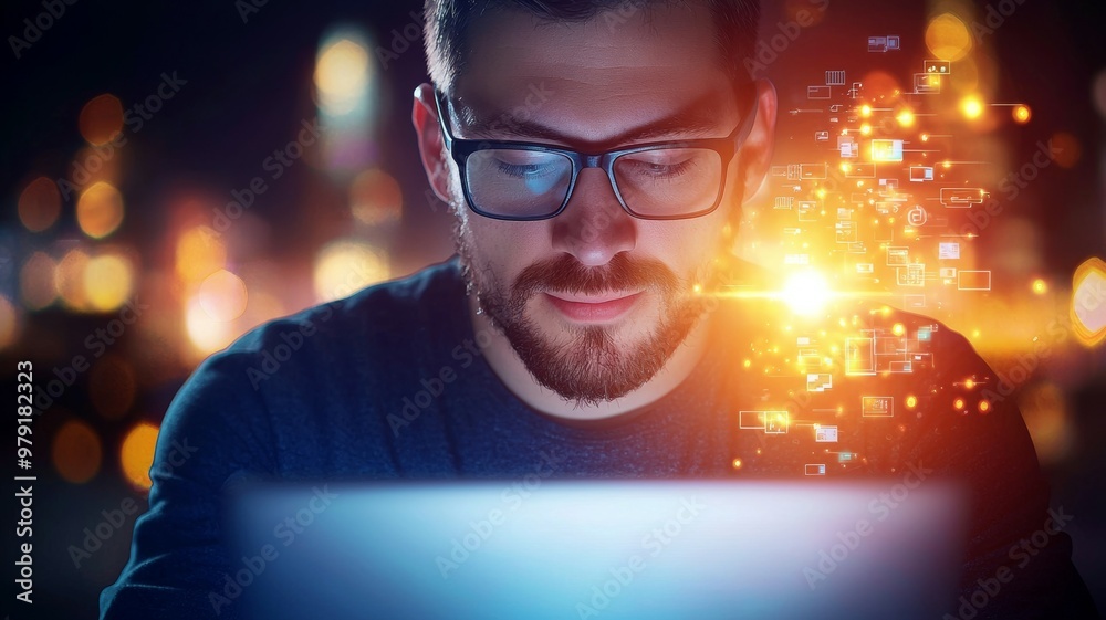 A man is looking at a computer screen with a bright light shining on his face A man is looking at a computer screen with a bright light shining on his face