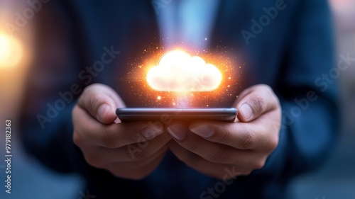 A person is holding a cell phone with a cloud on it