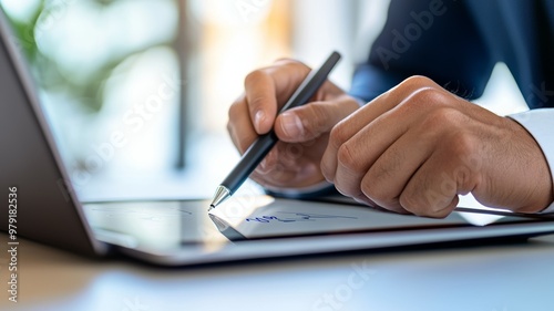 A man is writing on a tablet with a pen