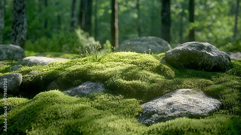 A serene forest scene featuring a small stream flowing over stones and moss, surrounded by lush trees and vibrant greenery A serene forest scene featuring a small stream flowing over stones and moss, surrounded by lush trees and vibrant greenery