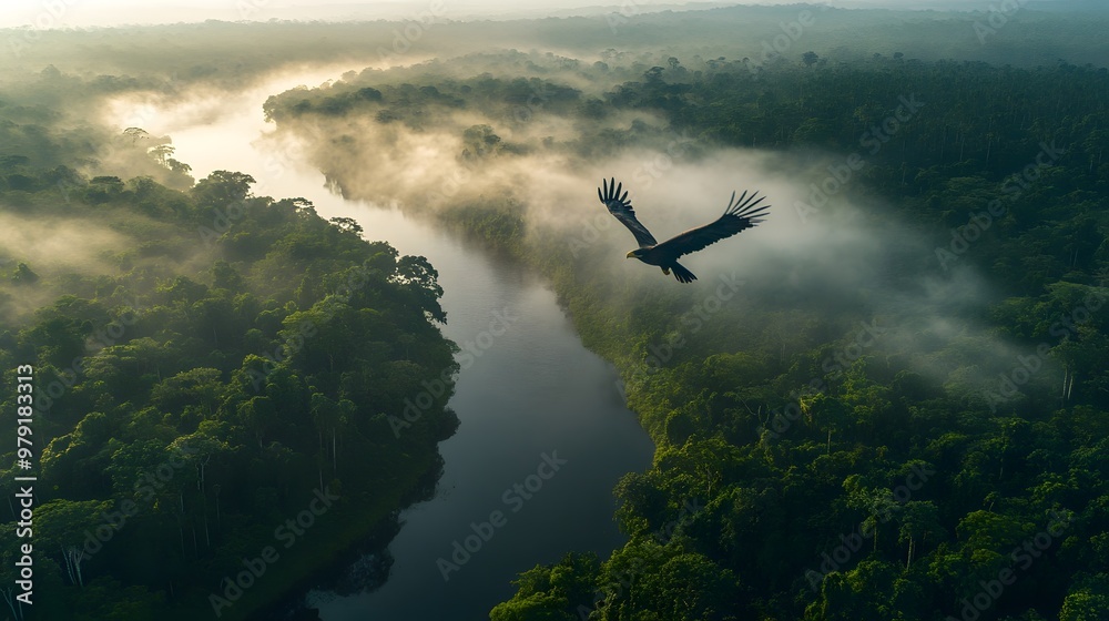 A bird's eye view of the misty forest, with an eagle soaring above it. The river flows through the valley surrounded by dense green trees A bird's eye view of the misty forest, with an eagle soaring above it. The river flows through the valley surrounded by dense green trees