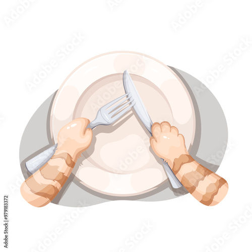 Cats paws holding cartoon fork and knife over empty plate. Funny hungry pet waiting for food at table. Catering service, veterinary mascot, cartoon cute tabby cat ready to eat dish vector illustration