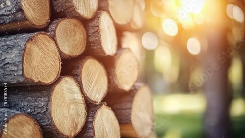 A pile of logs with the sun shining on them