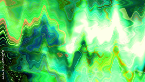 A mesmerizing display of abstract patterns filled with vibrant green and blue hues, creating a dynamic and artistic representation. The design features fluid shapes and textures