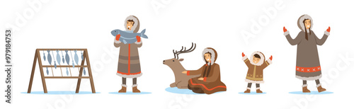 Eskimo Characters in Traditional Clothing as Life in the Far North Vector Set
