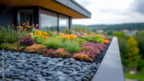 Modern Rooftop Garden Photo - Colorful Flowers, Lush Greenery, and Decorative Stones Create a Tranquil Oasis photo