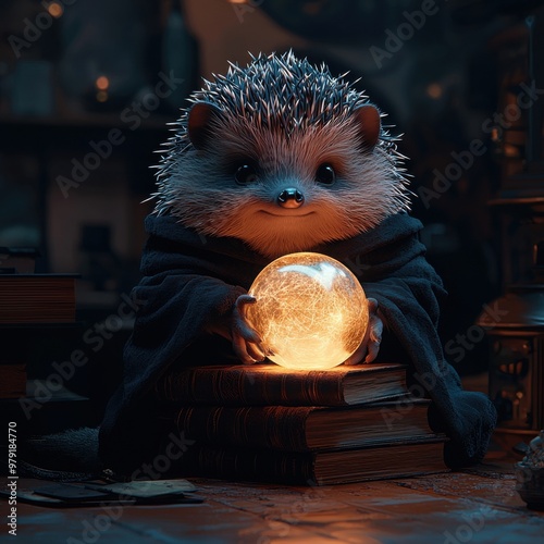 A wise hedgehog in a wizards robe gazes into a glowing crystal ball atop ancient spell books photo