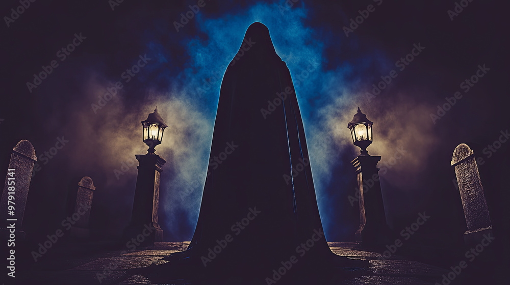 Mysterious Figure in a Dark Cloak Stands Before Lanterns in an Eerie Atmosphere at Night in a Haunted Graveyard Setting Mysterious Figure in a Dark Cloak Stands Before Lanterns in an Eerie Atmosphere at Night in a Haunted Graveyard Setting