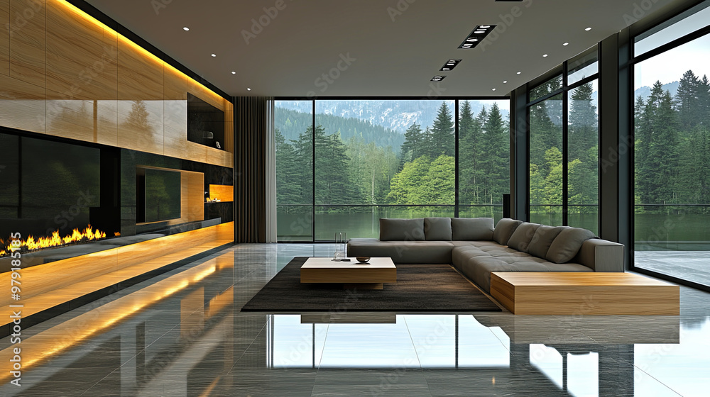 Modern Living Room With Large Windows Overlooking a Serene Lake and Forested Mountains in Daytime Setting Modern Living Room With Large Windows Overlooking a Serene Lake and Forested Mountains in Daytime Setting