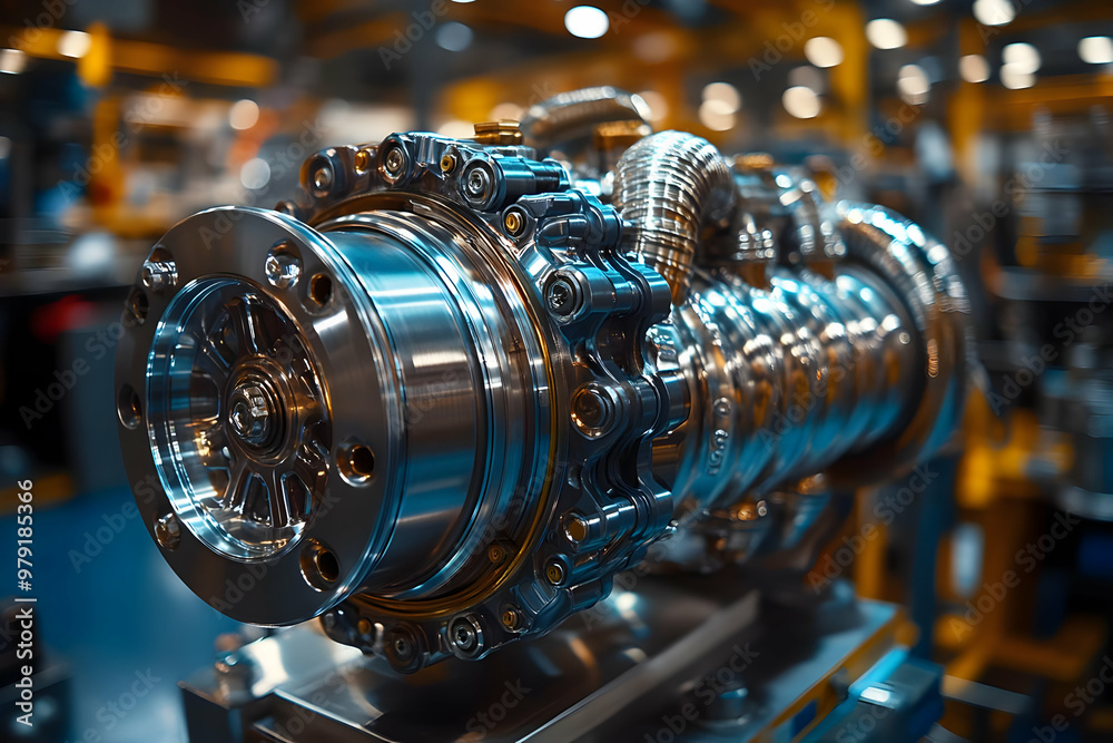 Precision Engineering Photo -  Complex Metal Part with Flanges, Bolts, and Hoses