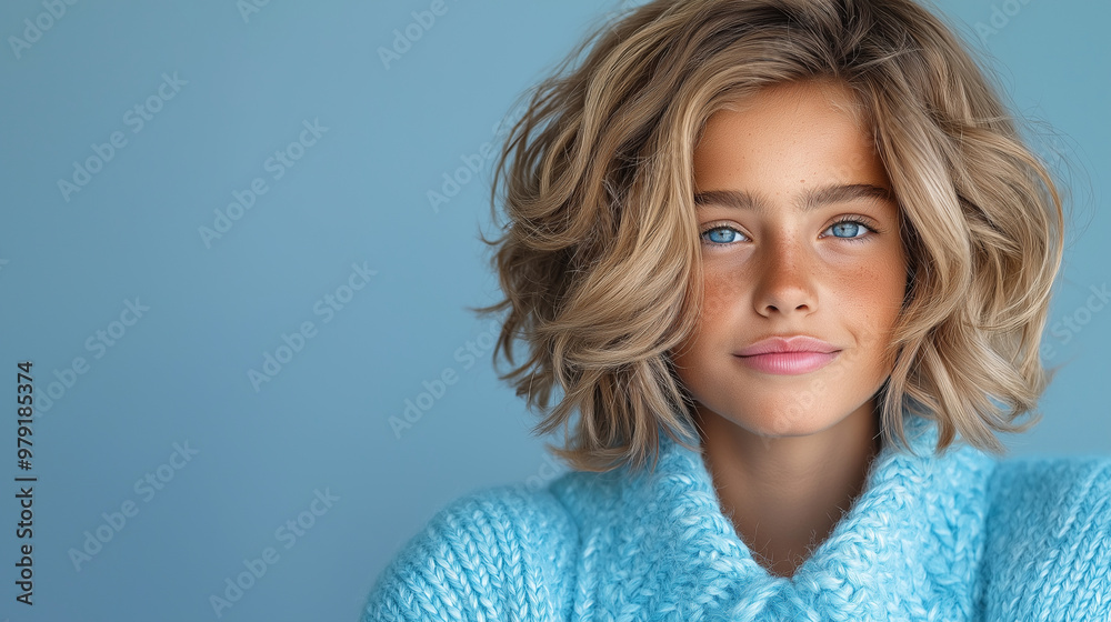 A full-length image of a beautiful young woman standing confidently against a soft blue background, wearing a cozy blue and light-blue knitted cardigan. Her relaxed and stylish loo A full-length image of a beautiful young woman standing confidently against a soft blue background, wearing a cozy blue and light-blue knitted cardigan. Her relaxed and stylish loo