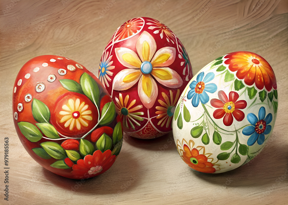 Decorative Easter eggs with floral patterns in vibrant colors Decorative Easter eggs with floral patterns in vibrant colors