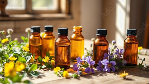 Essential Oils, Amber Bottles, Wildflowers Scene, Therapeutic Oils, Organic Beauty, Golden Hues, Floral Arrangement