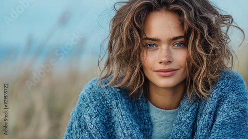 A beautiful young woman in a blue and light-blue knitted cardigan, standing confidently in front of a soft blue backdrop, the textures and tones of the outfit blending harmoniously