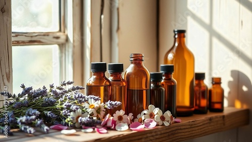 Vintage Glass Bottles, Amber Essential Oils, Rustic Shelf Decor, Calming Lavender Petals, Chamomile Rose Petals, Essential Oil Collection